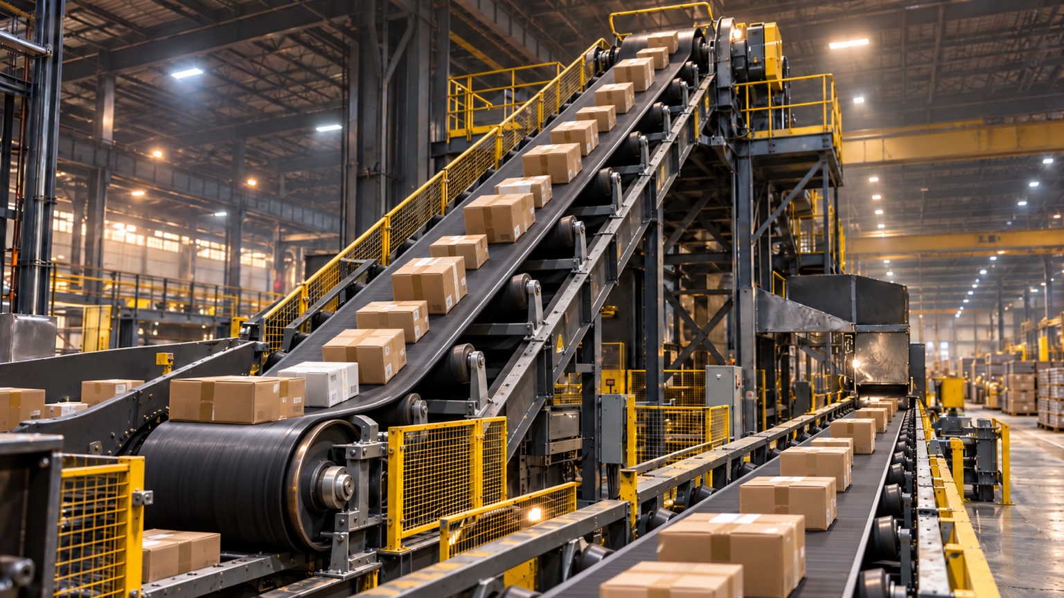 Illustration of an industrial belt conveyor system carrying boxes and packages