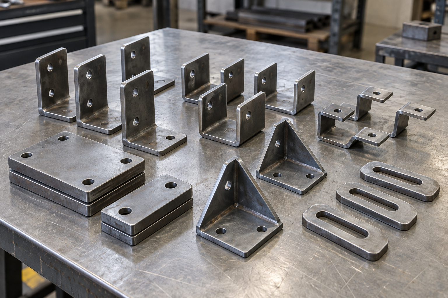 Illustration of steel clips, bent brackets, baseplates, gussets, and slotted mounting plates